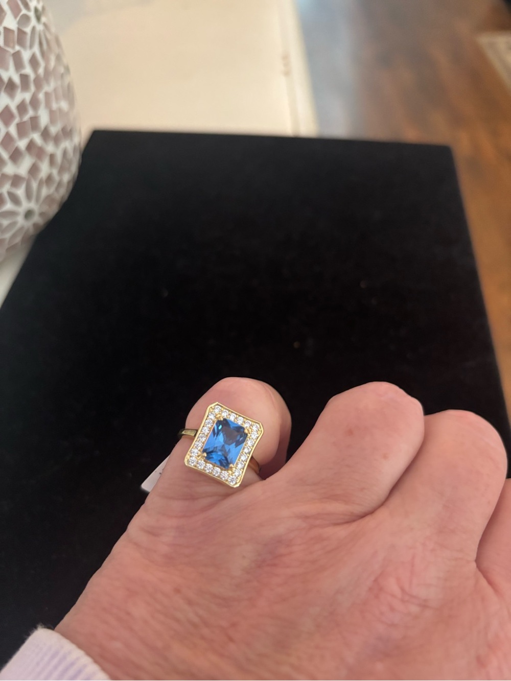 Gold-Plated Square Blue Crystal Ring with Halo Accent size 7